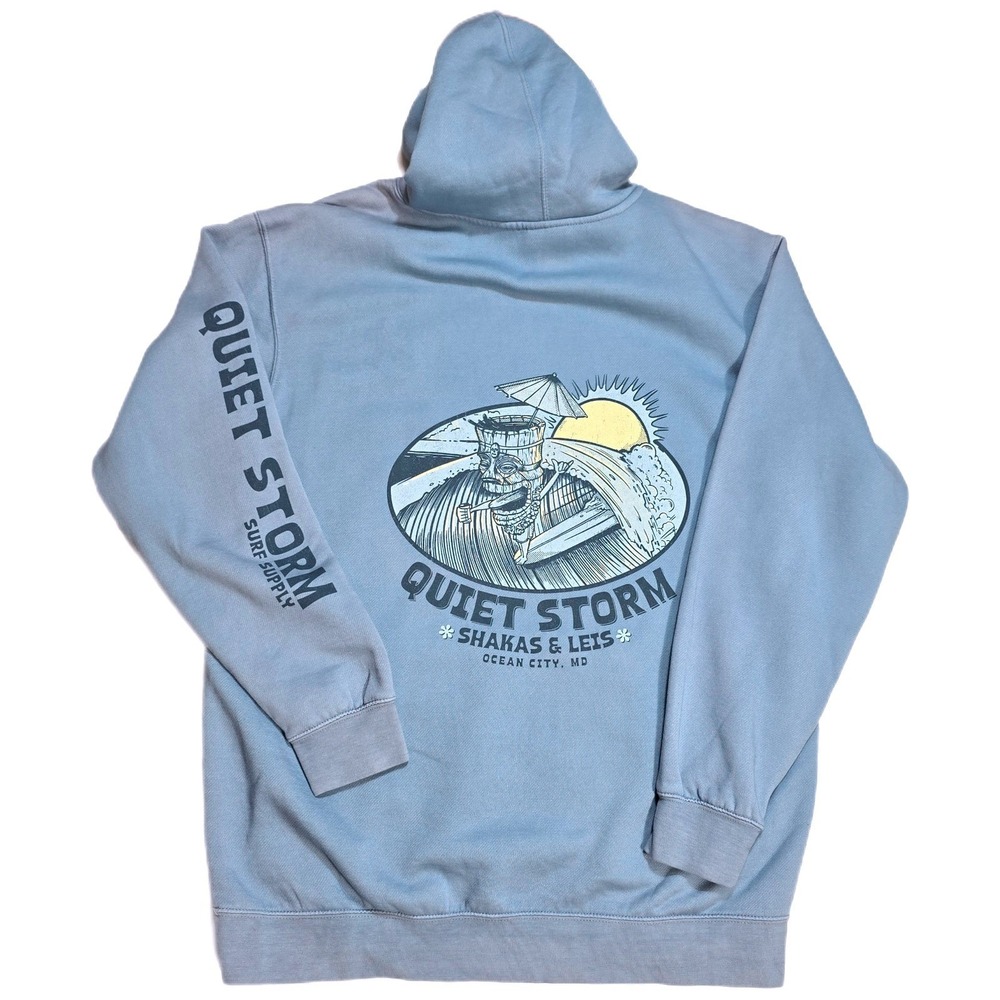 Quiet Storm Surf Supply Hoodie Mens Large L Slate Blue Shakas Leis Sleeve